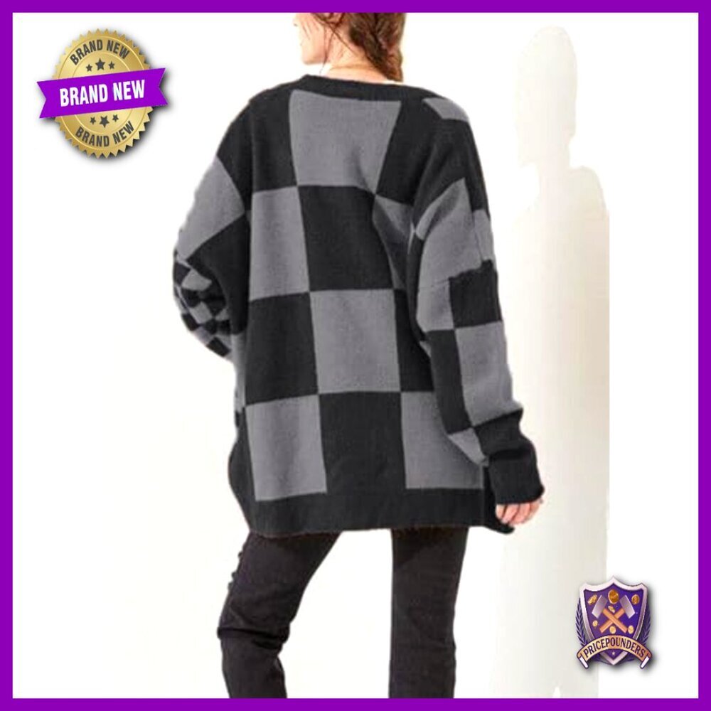 Oversized Slouchy Checkered Cardigan Open Front Knit Sweater Coat Y2K Chic - Picture 3 of 4